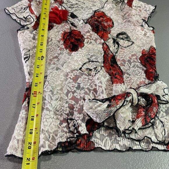 Floral Lace Wrap Blouse Sheer Stretch Side Tie V-Neck Womens S Off White Red - Picture 8 of 8